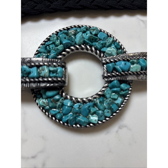Chicos Southwest Boho Belt Turquoise Metal Round Buckle Fabric Black Braided XL - Picture 7 of 7
